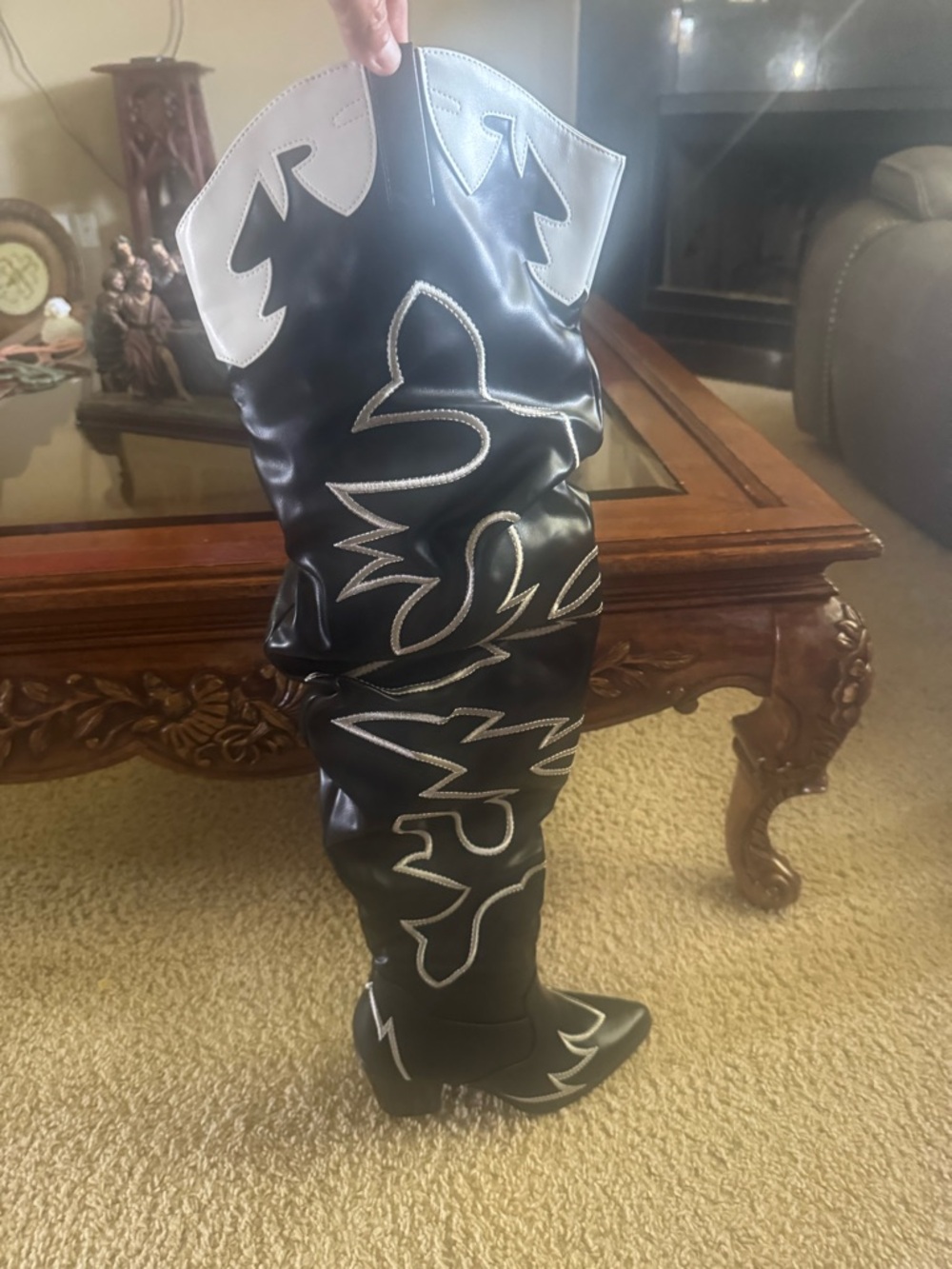 Dream Pairs Black and White Over-the-Knee Western Stitch Boot